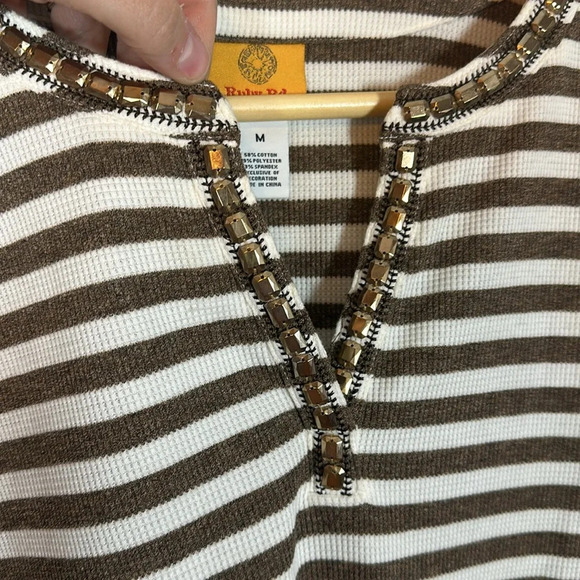 Ruby Rd Embellished Split Neck Striped Blouse Women’s Size Medium - Picture 3 of 7